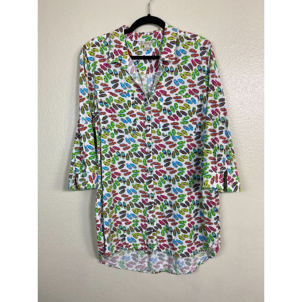 Khakis & Co Women Flip Flop All Over Print Button Up Tunic Top Sz Large Novelty